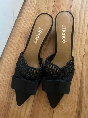 J.Reneé Black Pointed Bow Mules with Beaded Detail